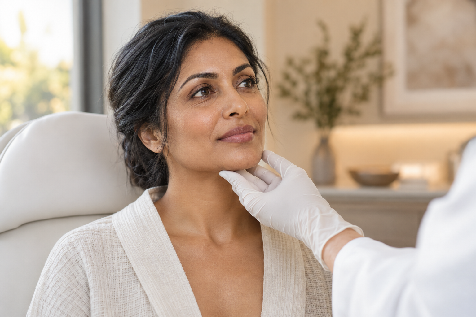 Woman receiving a gentle facial assessment in a softly lit clinic