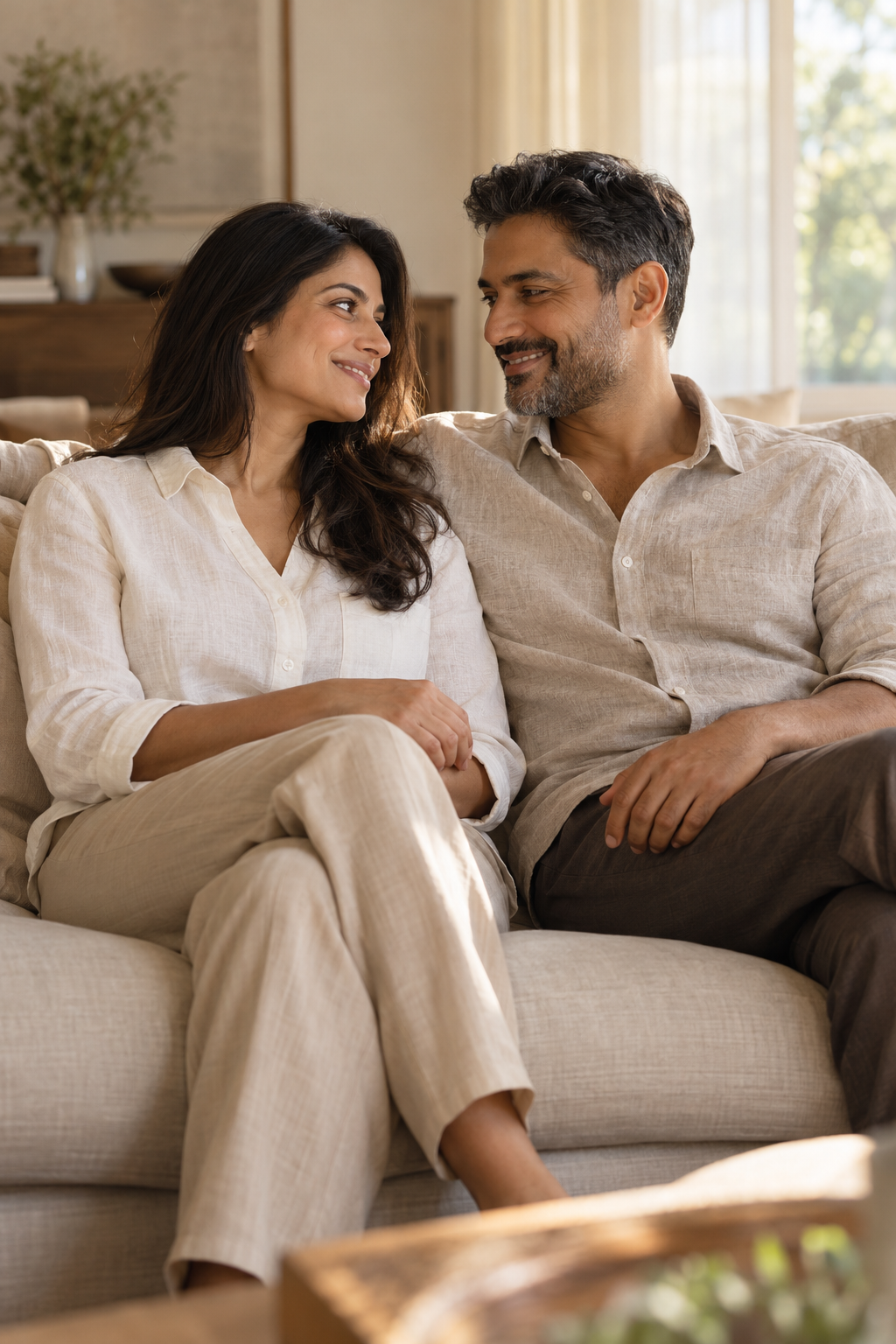 Couple sharing a relaxed moment in a sunlit lounge